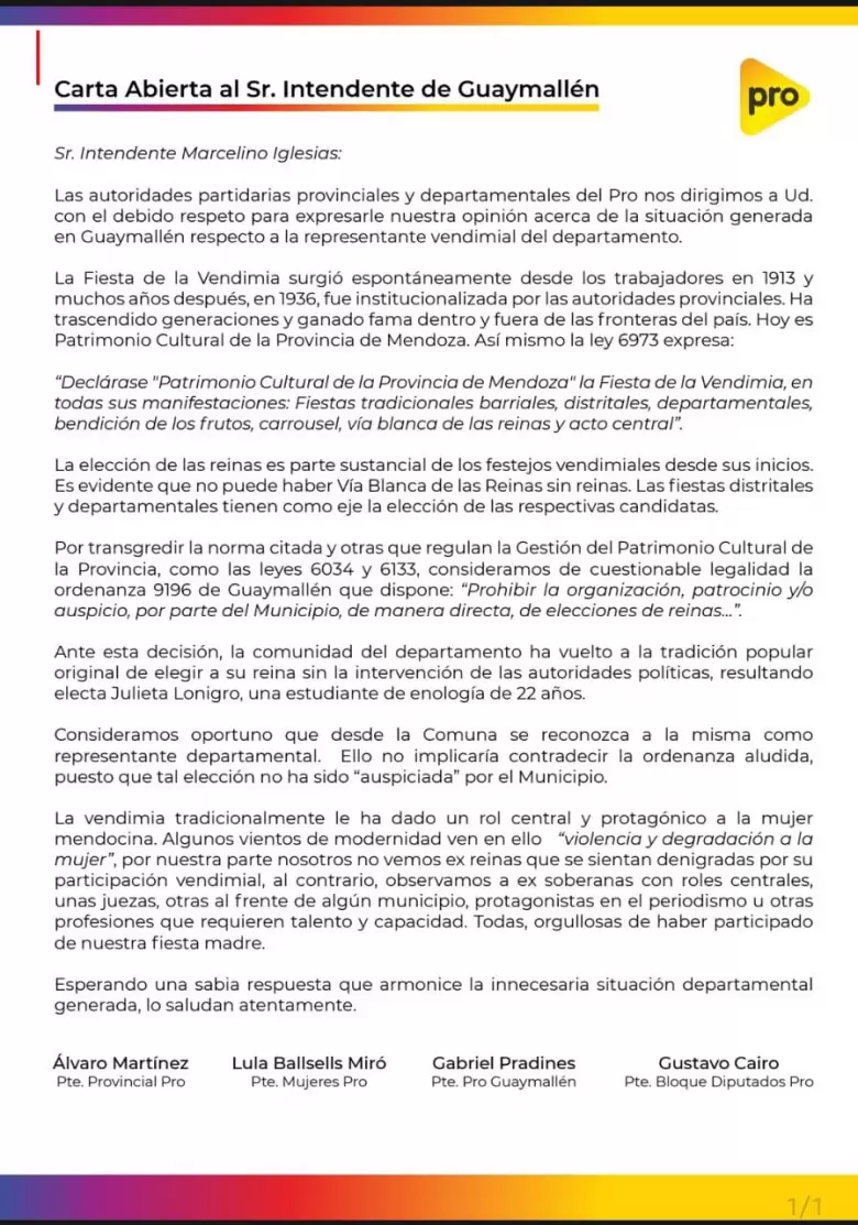Carta del el PRO de Mendoza a Marcelino Iglesias