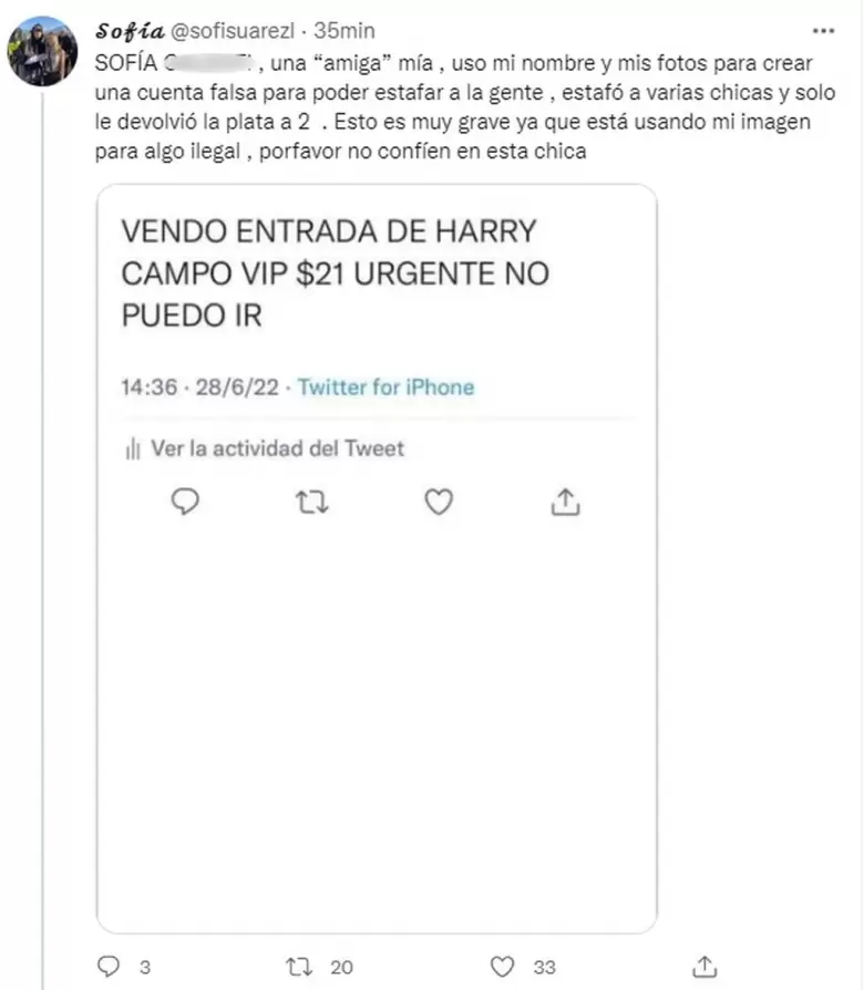 La denuncia de Sof�a Su�rez contra una "amiga" que us� su nombre y fotos para estafar gente