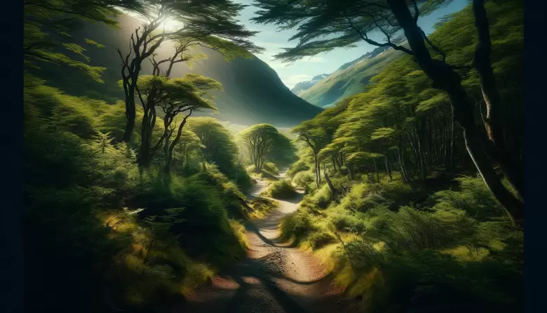 imagen de un sereno y pintoresco paisaje patagonico. se muestra un estrecho sendero natural serpenteando a traves