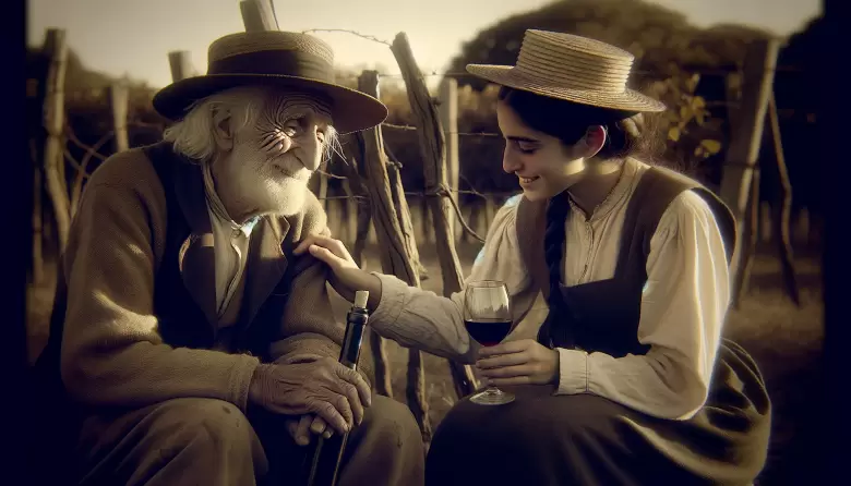 Una escena en un campo mendocino, argentina, capturando un intercambio amable entre un anciano y una mujer joven.