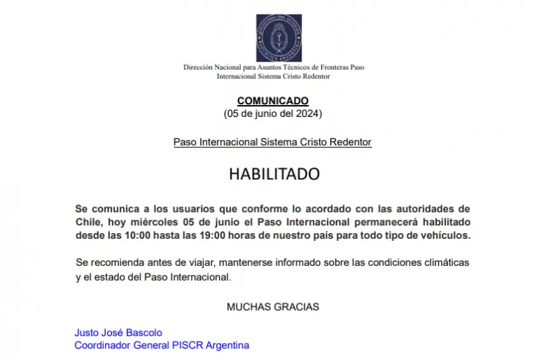Comunicado paso Cristo Redentor