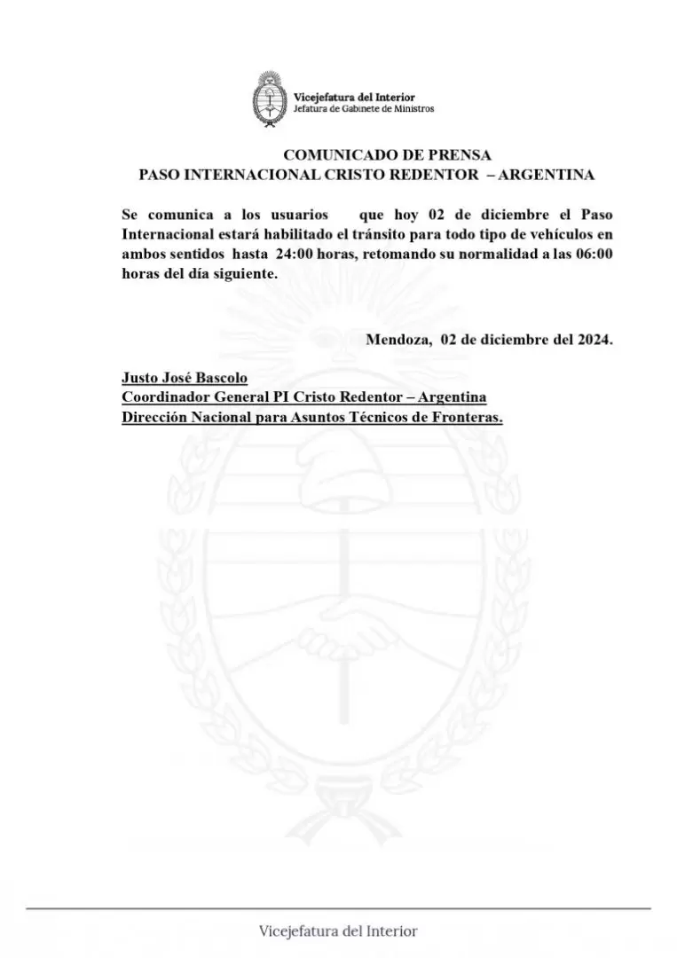 Paso Cristo Redentor habilitado este lunes.