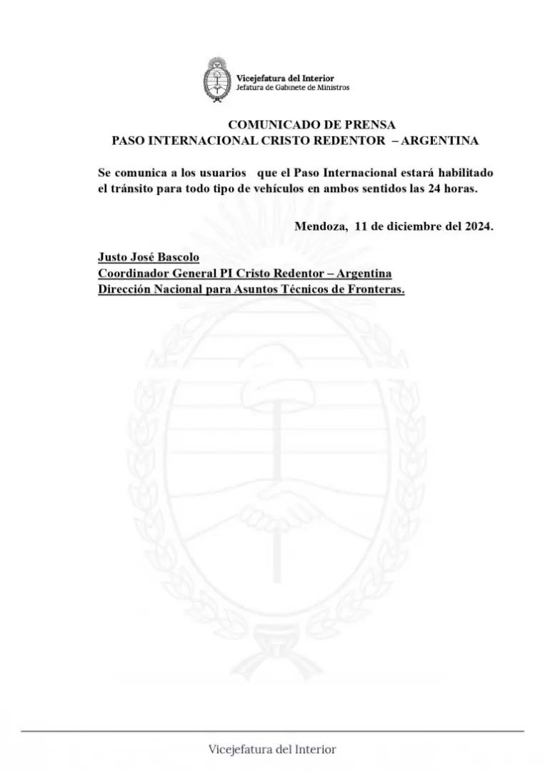 Comunicado Paso Cristo Redentor.