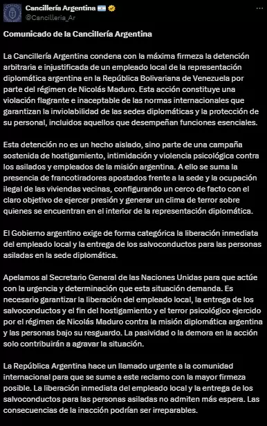 El comunicado oficial de Cancillería Argentina