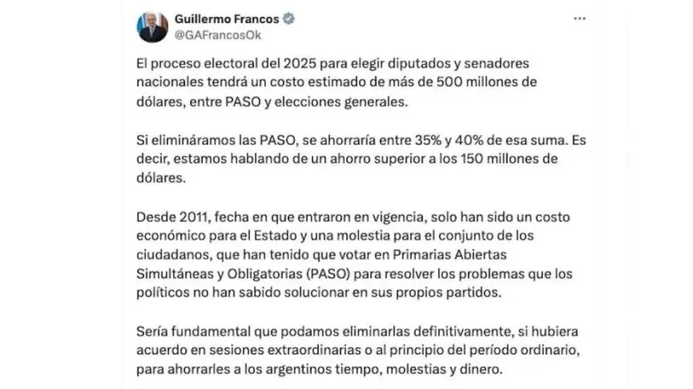 El tweet en X del jefe de Gabinete.