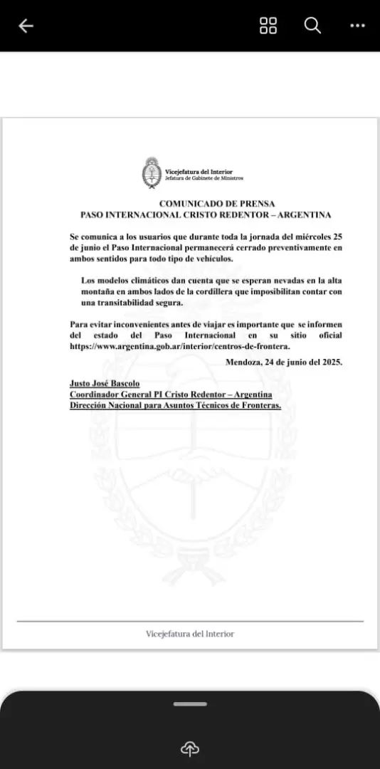 cierre del paso a Chile 25 de junio