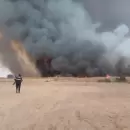 Bomberos trabajan en un incendio de campo en una zona de Las Heras