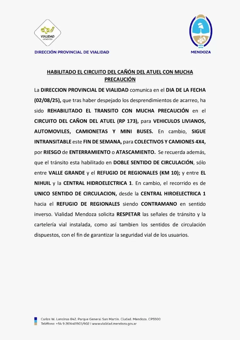 Rehabilitado el tránsito en el Cañón del Atuel