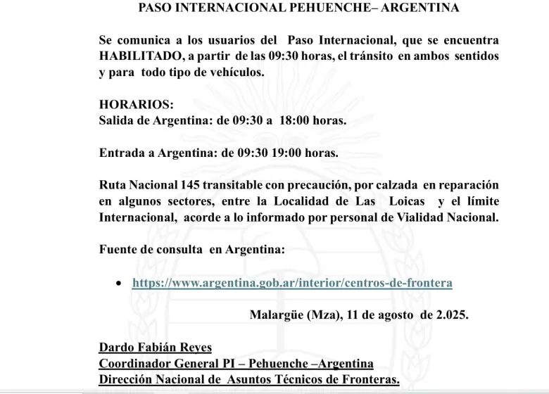 Paso Pehuenche habilitado 11 de agosto