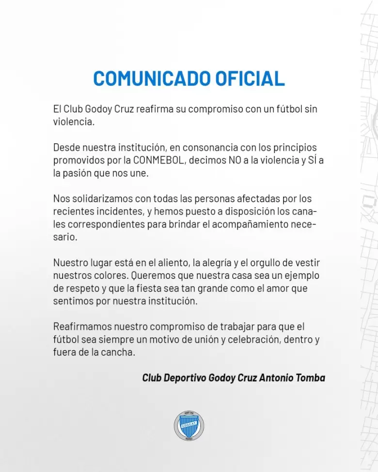 comunicado Godoy Cruz-incidentes en Brasil