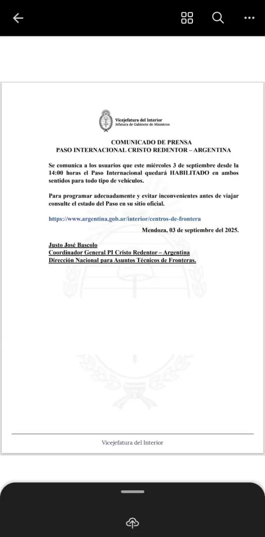 reapertura del paso a Chile-3 de septiembre