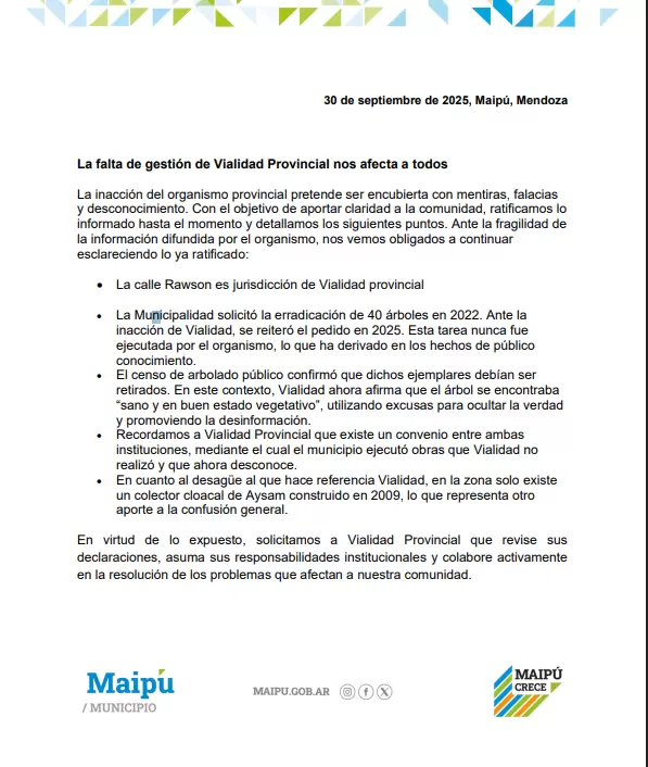 comunicado de Maipú-muerte por la caída de un árbol