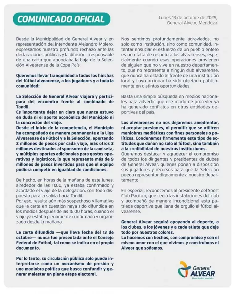 comunicado municipalidad alvear