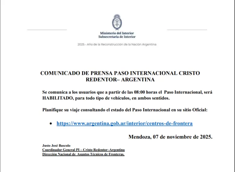 apertura del paso a Chile 7 de noviembre