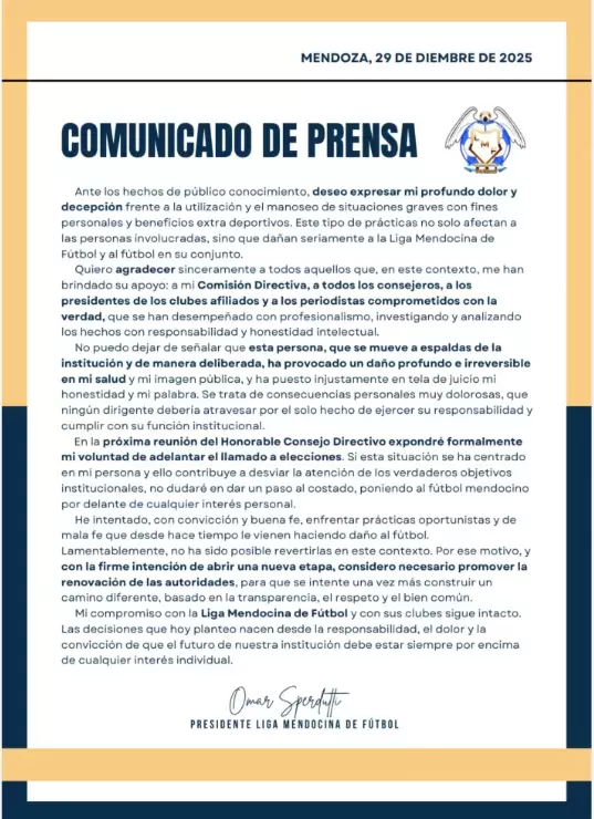 comunicado de Omar Sperdutti-elecciones en la Liga Mendocina