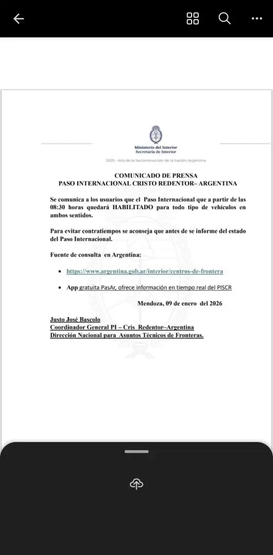 apertura del paso a Chile